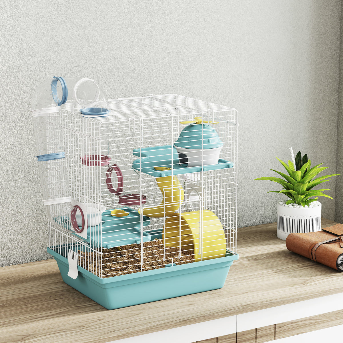 Cage hamster, cage rongeur à 3 niveaux, avec roue d'exercice, tunnel de jeu, gamelle, cabane, 34,5 x 27,5 x 41 cm, bleu