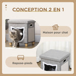 2-in-1 overdekte kattenmand voor binnen, houten poten, uitneembaar en wasbaar kussen, speelbal, 35,5x35,5x42,5cm, grijs