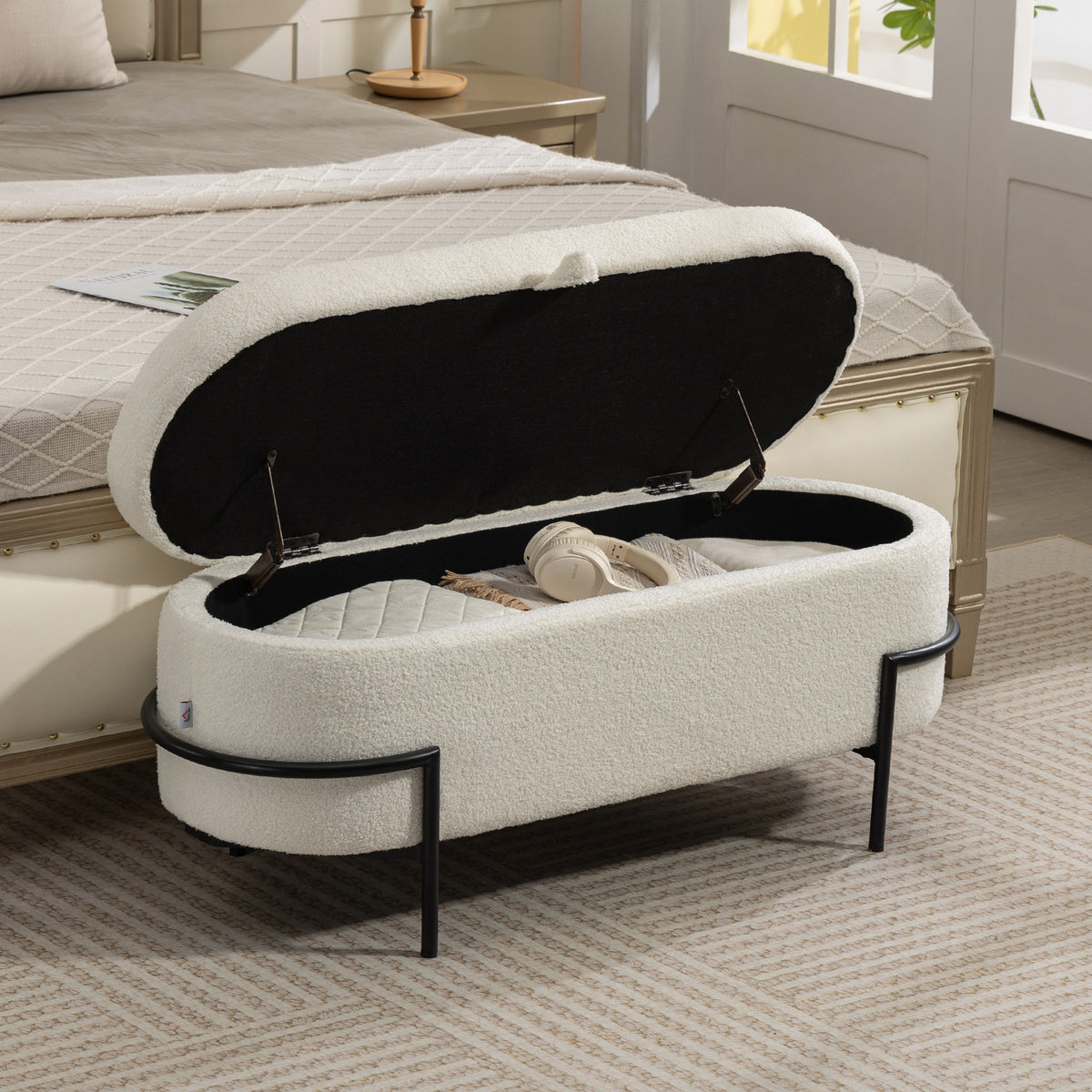 Banc de rangement, banc coffre de rangement en tissu bouclette avec couvercle relevable et pieds en acier, crème
