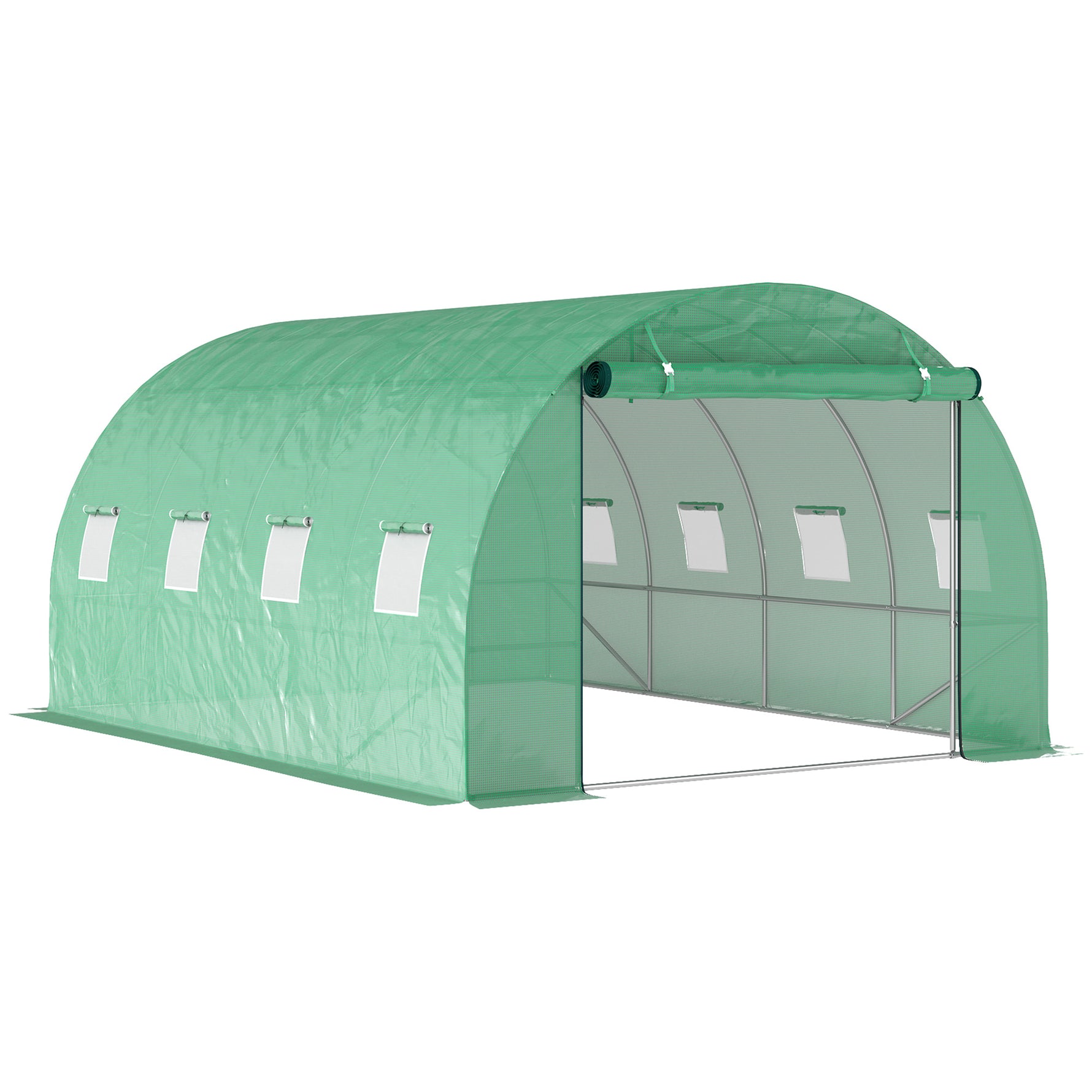Serre tunnel de jardin 3 x 4 x 2 m avec porte enroulable et grandes fenêtres, en acier galvanisé et PE, vert