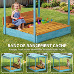 Sandkasten aus Holz mit Deckel, Outdoor-Sandkasten für Kinder mit klappbaren Sitzen und bedruckter Plane mit blauen Flamingos