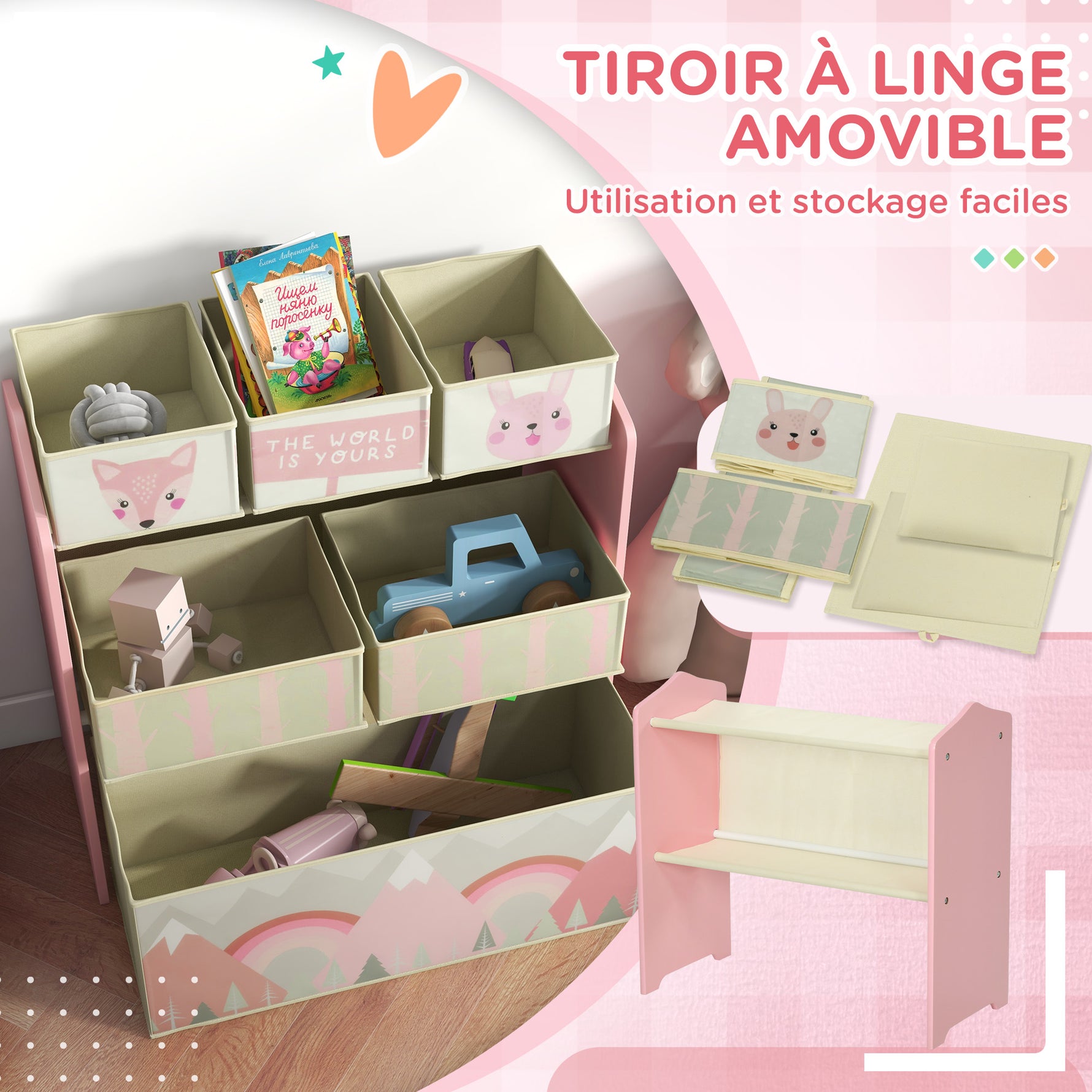 Meuble de rangement enfant avec 6 boîtes amovibles en tissu non tissé Organisateur de jouets, étagère 63L x 30l x 66H cm