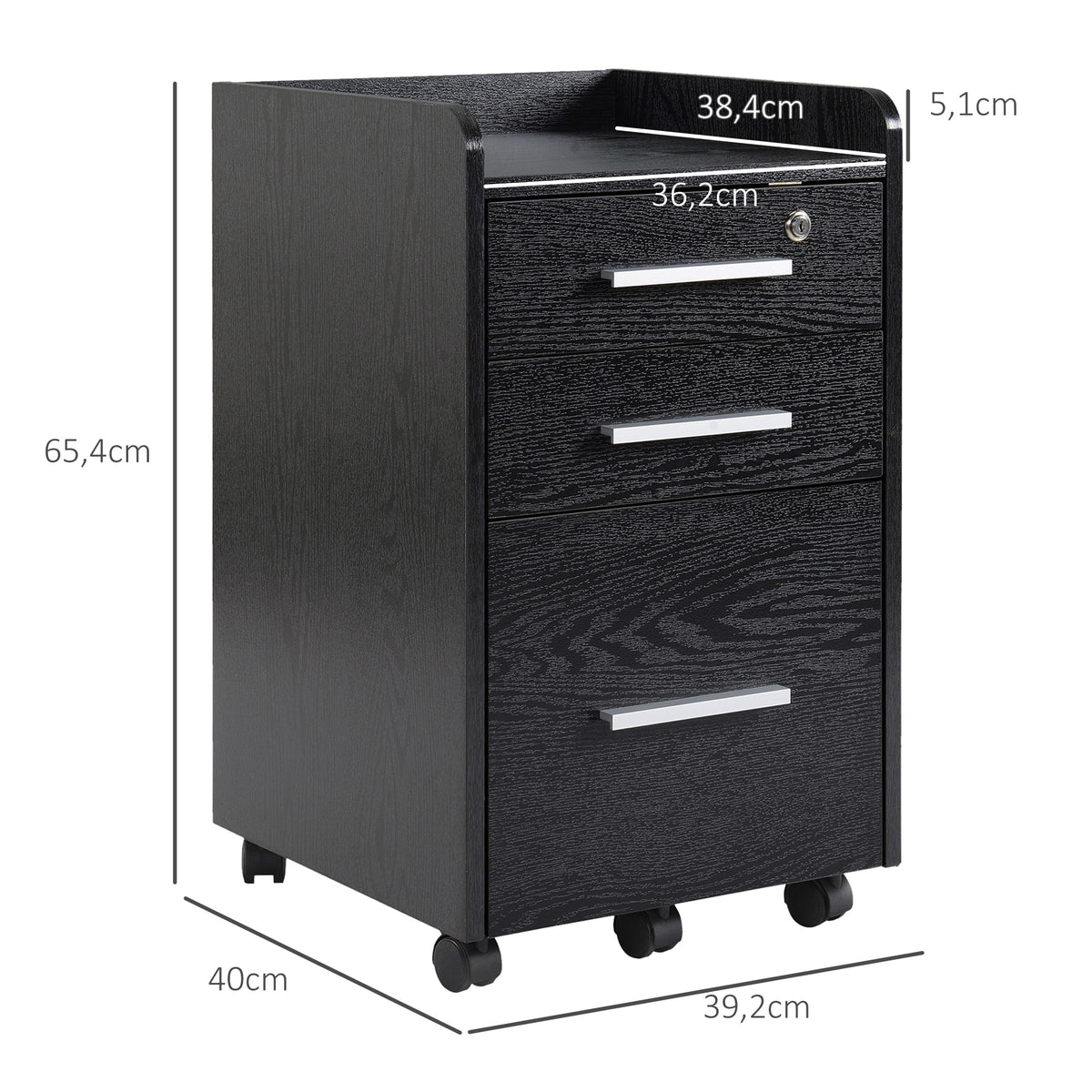 Caisson de bureau rangement bureau sur roulettes 3 tiroirs 1 verrouillable 1 trieur dossiers en bois noir