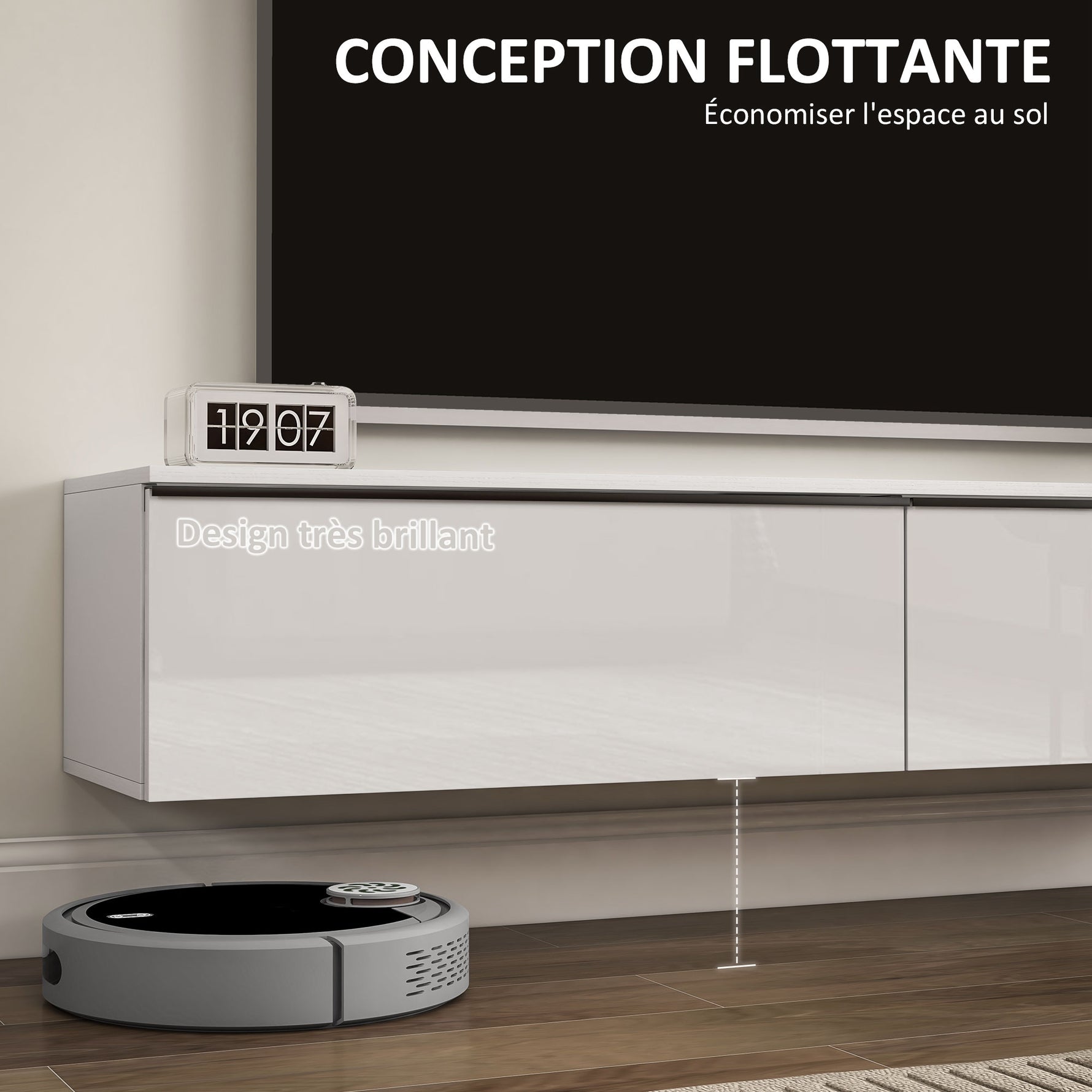 Meuble TV suspendu avec placard, pour téléviseurs jusqu'à 70 pouces, effet brillant, blanc