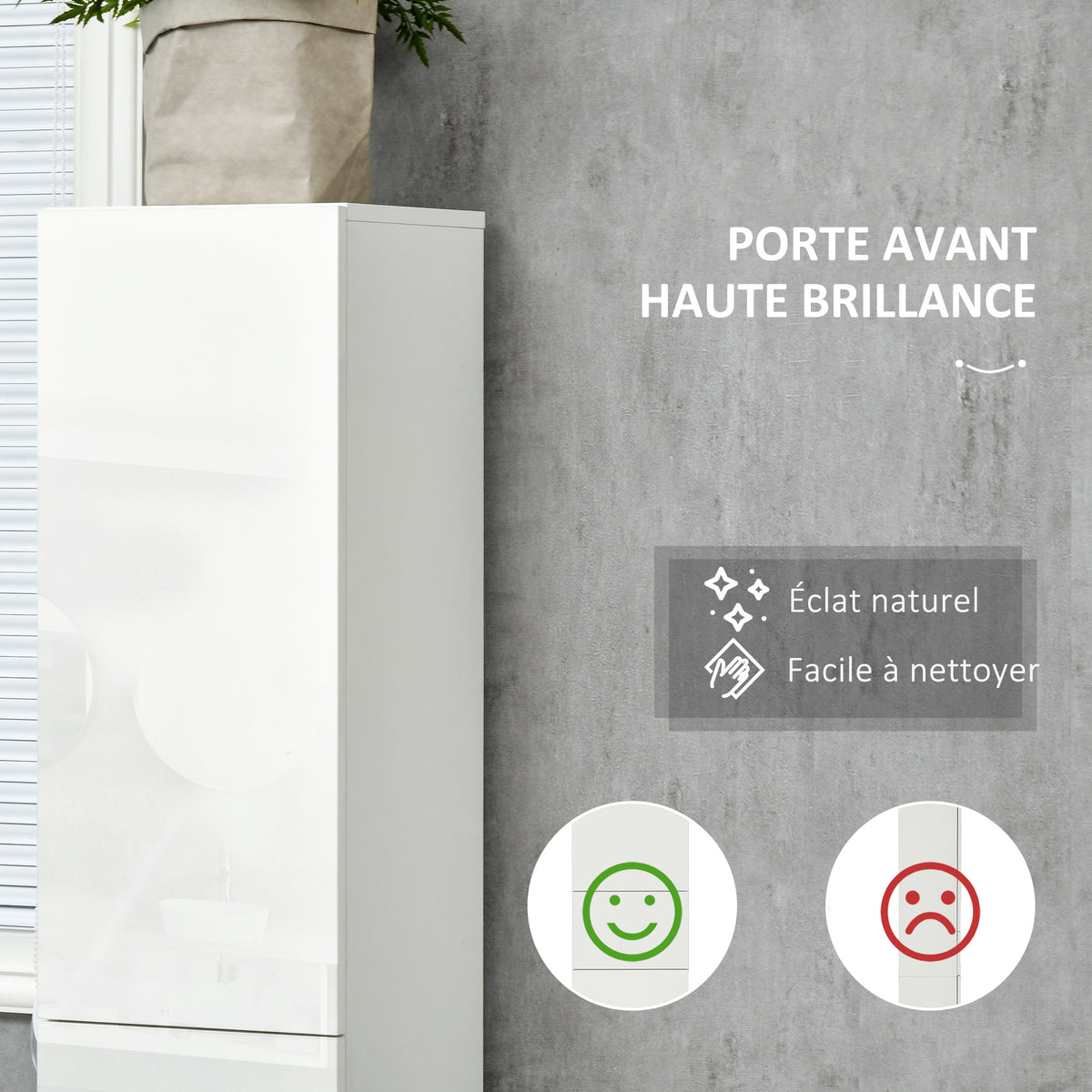 Meuble colonne rangement salle de bain style contemporain 2 placards 3 étagères et 1 tiroir coulissant panneaux particules brillant dim. 30l x 28P x 170H cm blanc laqué