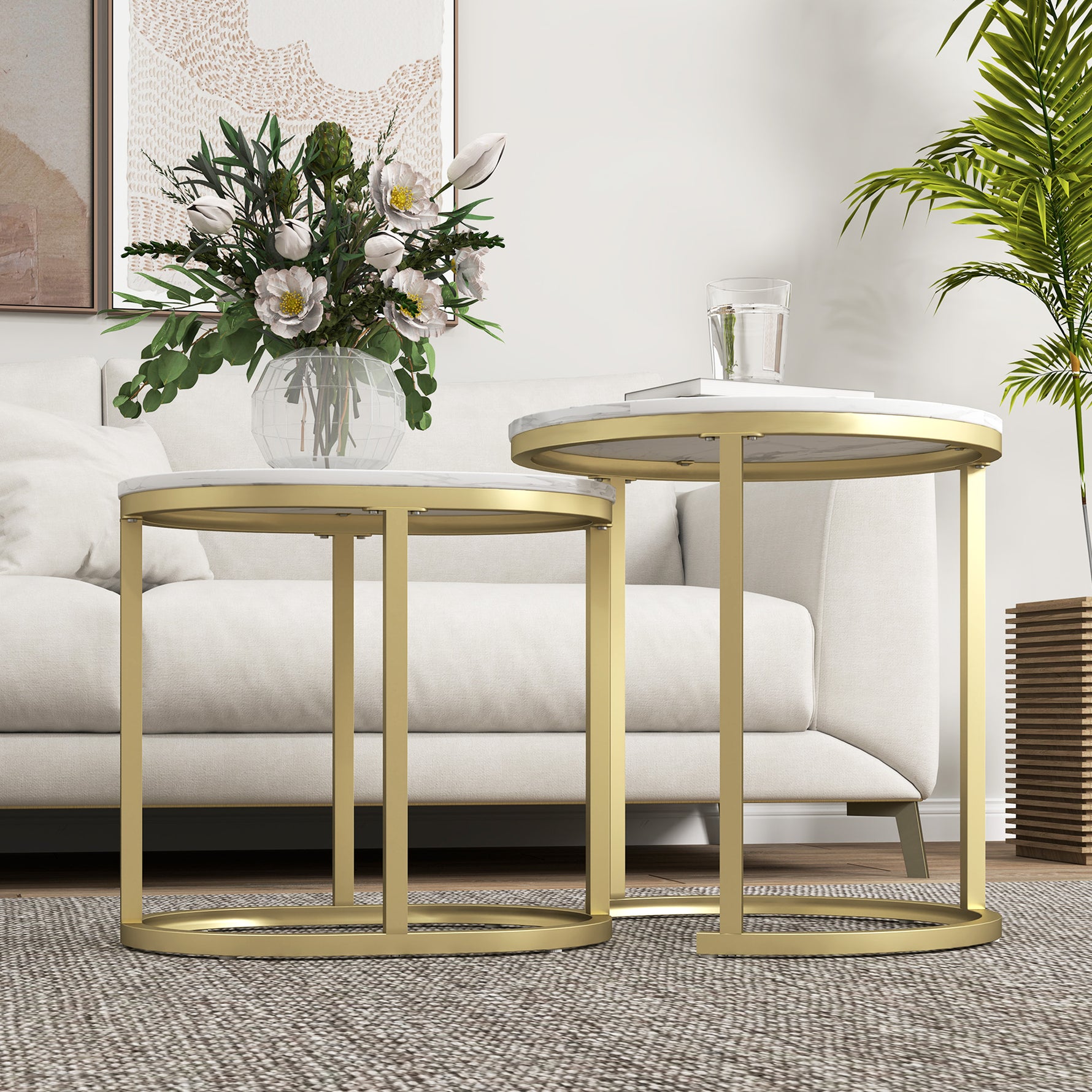 Lot de 2 tables basses tables d'appoint gigognes encastrables structure en acier et plateau en bois aspect marbre or