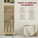 Colonne salle de bain, meuble salle de bain rangement avec porte à lattes en bambou et compartiments ouverts, blanc