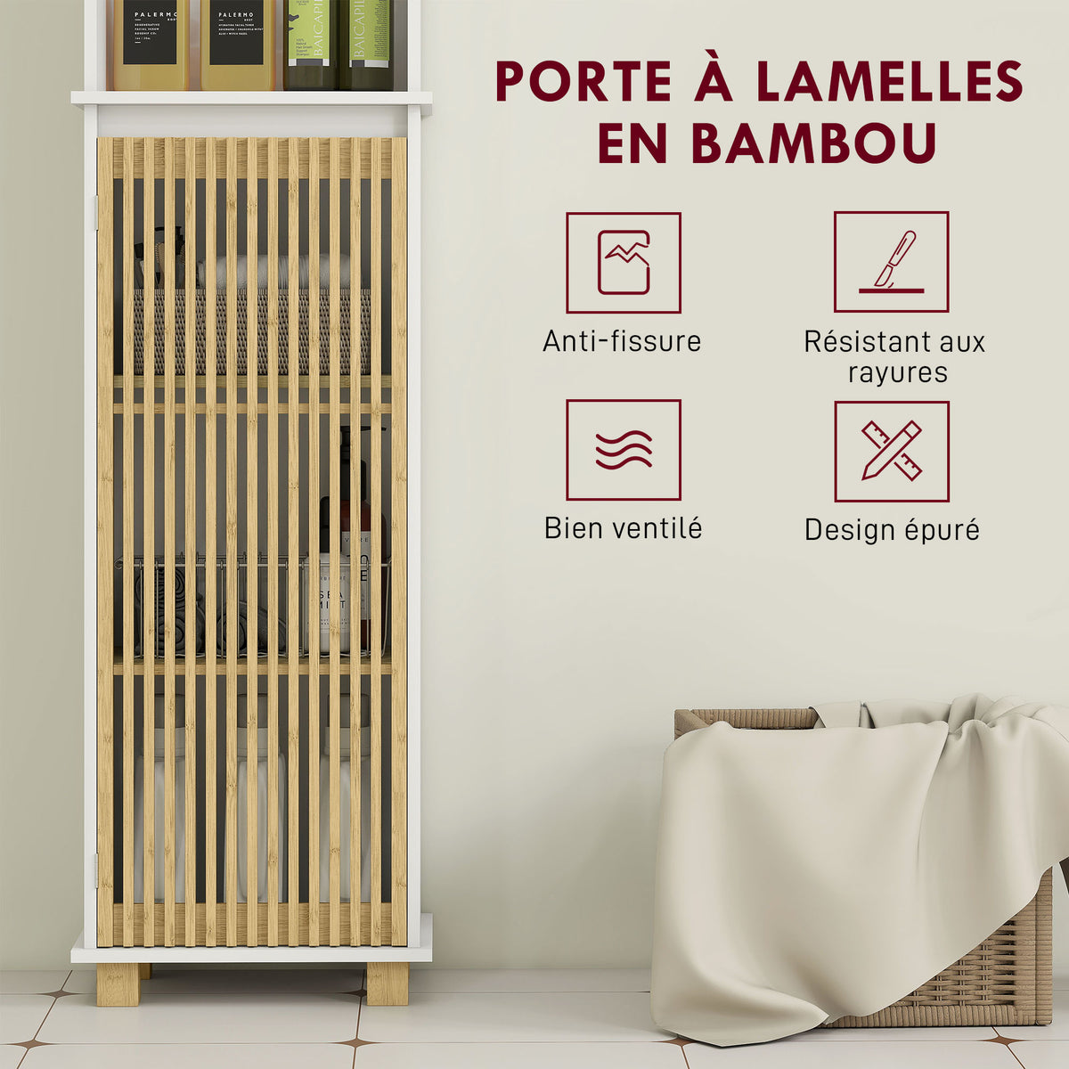 Colonne salle de bain, meuble salle de bain rangement avec porte à lattes en bambou et compartiments ouverts, blanc