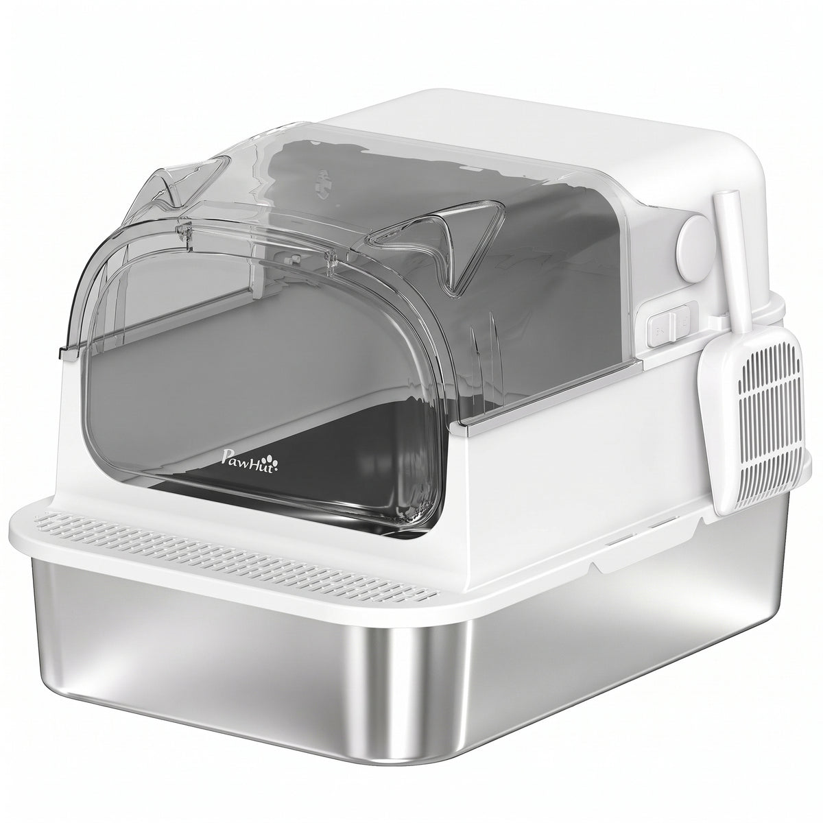 Lettiera per Gatti in Acciaio Inox con Coperchio 3 in 1 Bordi Alti Paletta e Sacchetti Antiodore XL 70x50x46cm Bianco