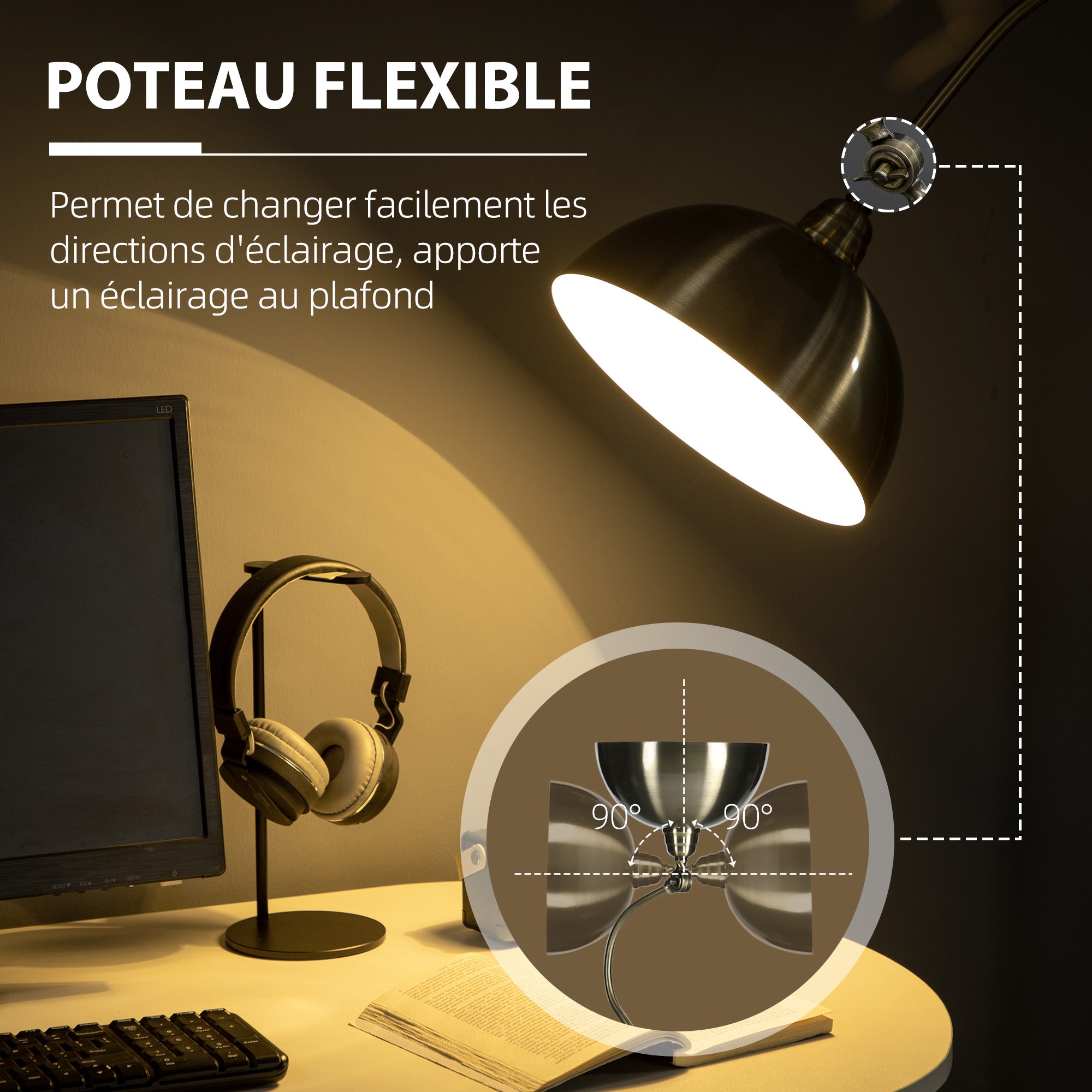 Lampadaire sur pied salon, lampe salon rétro avec abat-jour réglable, interrupteur à pied 42 x 25,5 x 152 cm ton laiton