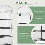Serre de Jardin PE avec Étagères 4 Niveaux, Serre de Balcon, Bâche Renforcée 140g/m², Châssis en Acier, Porte Zippée Enroulable, pour Légumes et Plantes, Extérieur, 70x50x160cm, Blanc