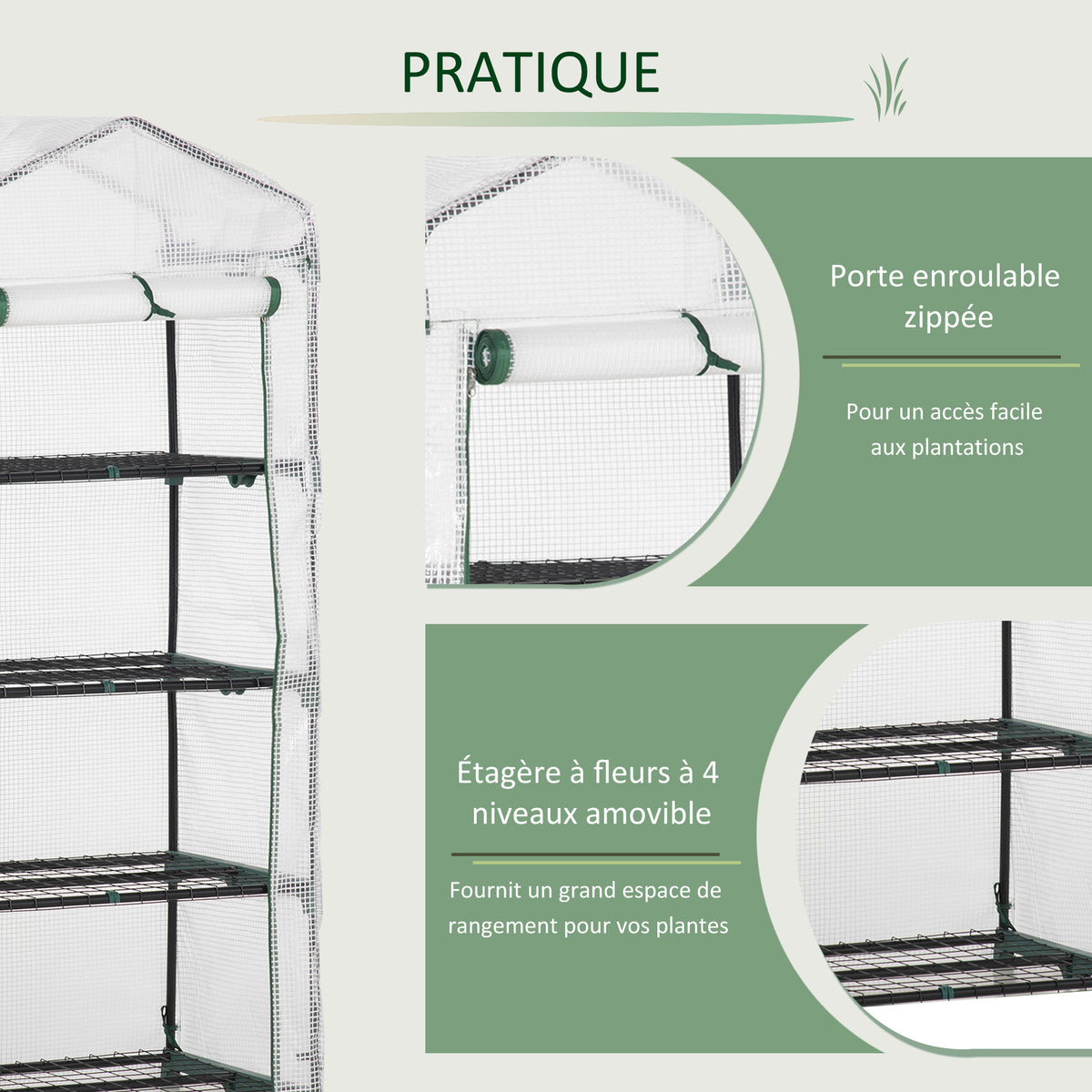 Serre de Jardin PE avec Étagères 4 Niveaux, Serre de Balcon, Bâche Renforcée 140g/m², Châssis en Acier, Porte Zippée Enroulable, pour Légumes et Plantes, Extérieur, 70x50x160cm, Blanc