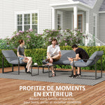 Salon de jardin 4 pièces 4 personnes avec canapé 2 places, 2 fauteuils et 1 table basse gris