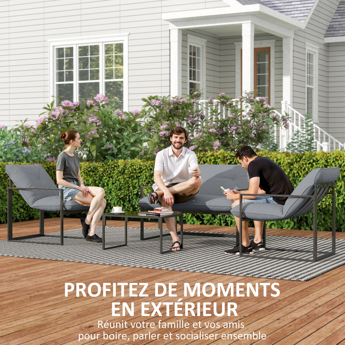 Salon de jardin 4 pièces 4 personnes avec canapé 2 places, 2 fauteuils et 1 table basse gris