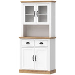 Buffet Haut Cuisine, Armoire Cuisine, 4 Portes dont 2 en Verre, 2 Tiroirs, Plan de Travail, Étagères Réglables, Blanc