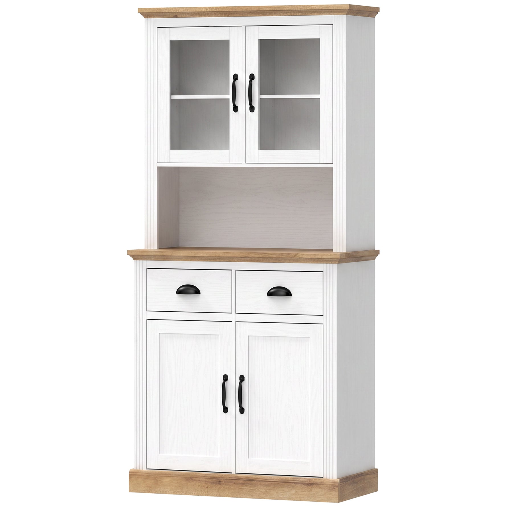 Buffet Haut Cuisine, Armoire Cuisine, 4 Portes dont 2 en Verre, 2 Tiroirs, Plan de Travail, Étagères Réglables, Blanc
