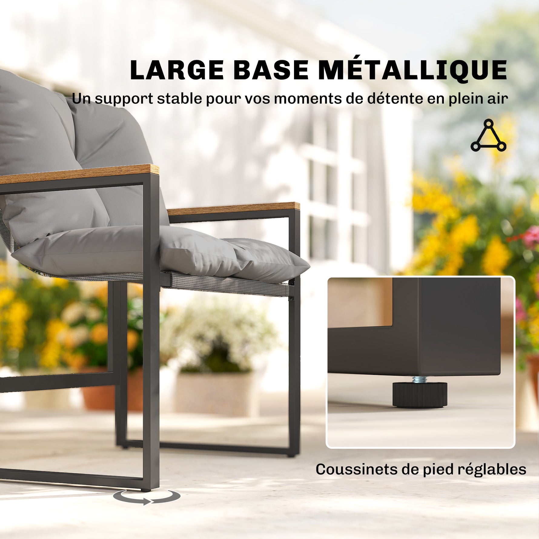 Salon de jardin 3 pièces 2 places avec 2 fauteuils 1 table basse, plateau en verre trempé et coussins, gris