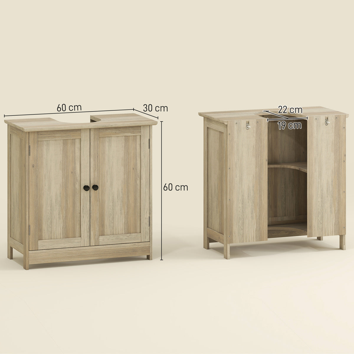 Meuble sous Lavabo, Meuble de Salle de Bain Placard à 2 Portes, Étagère Réglable, Anti-Humidité, 60 x 30 x 60 cm, Gris