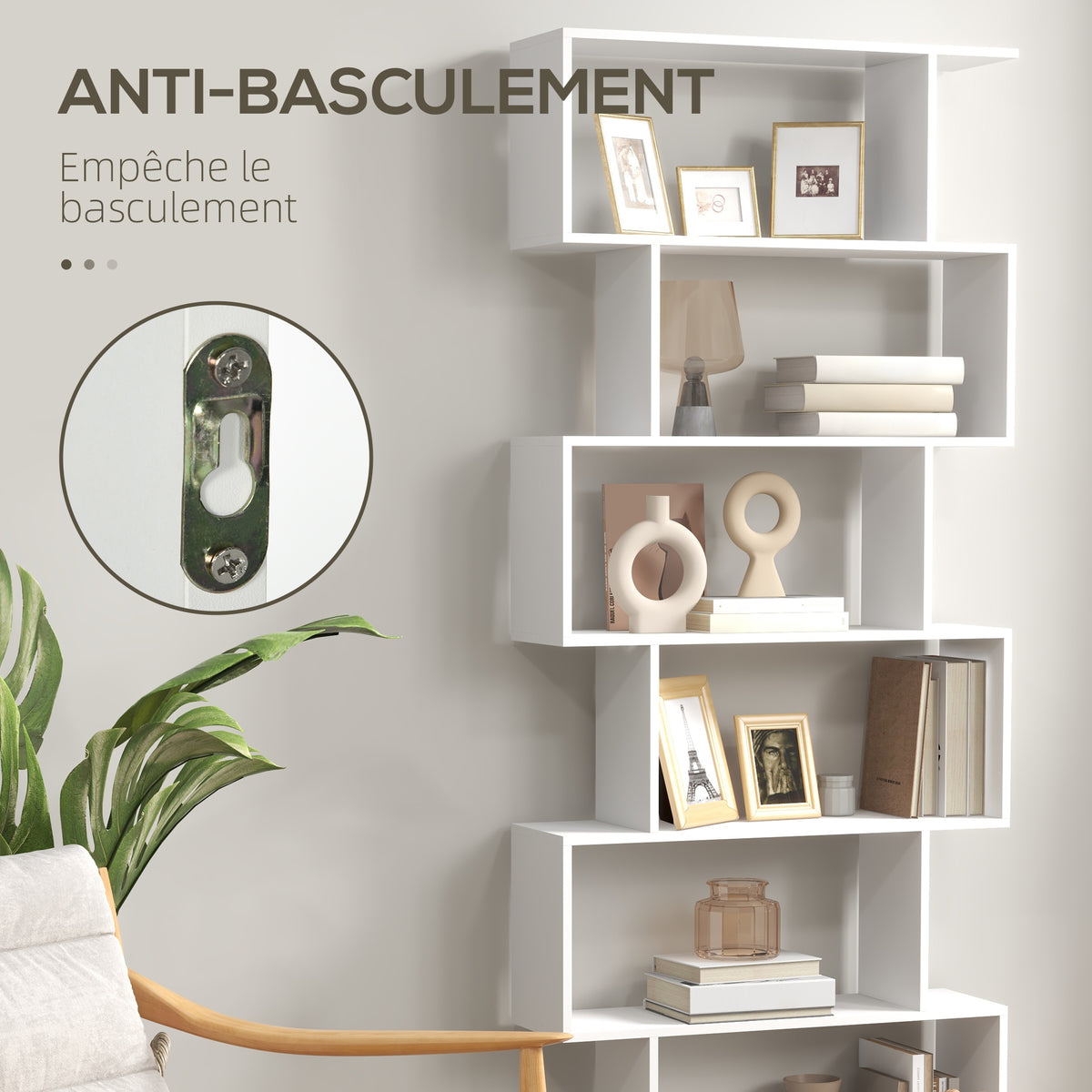 Zickzack-Bücherregal, zeitgenössisches Design, 80B x 23T x 192H cm, 6 Ebenen, Weiß