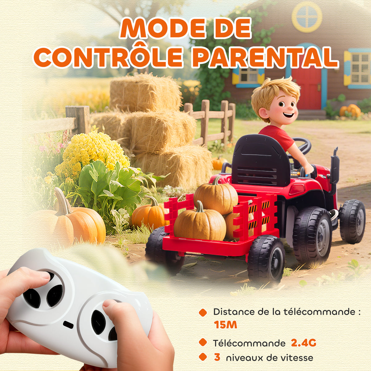 Tracteur électrique enfants avec remorque amovible, voiture électrique enfants, télécommande 2,4G, 139x58x55cm, rouge
