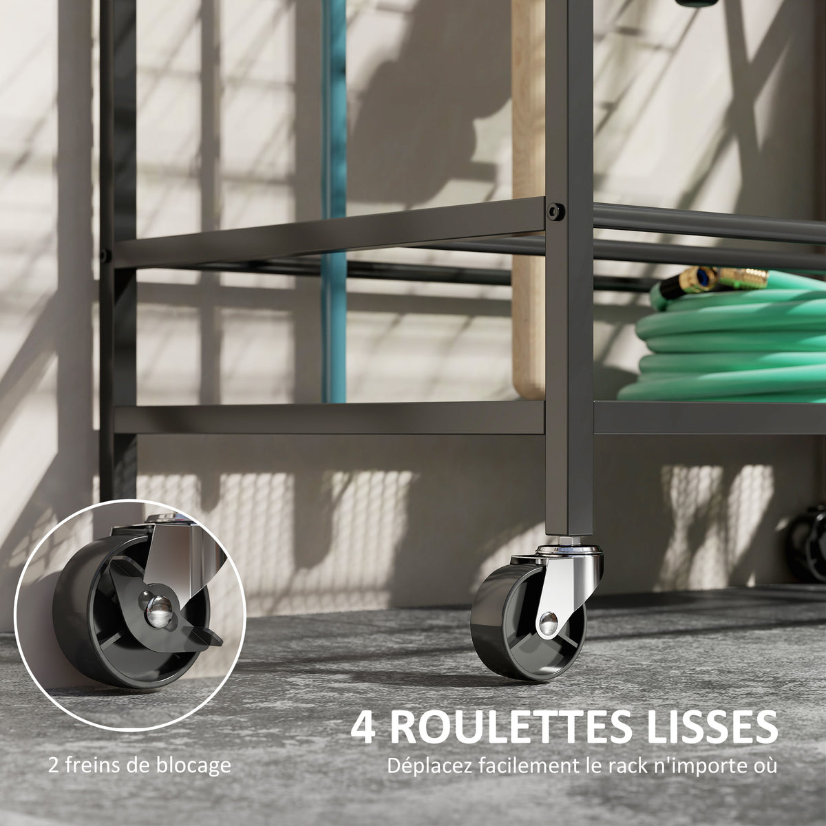 Organiseur d'outils de jardin, support à outils de jardin 54 emplacements 5 crochets en acier sur roues 3 niveaux noir