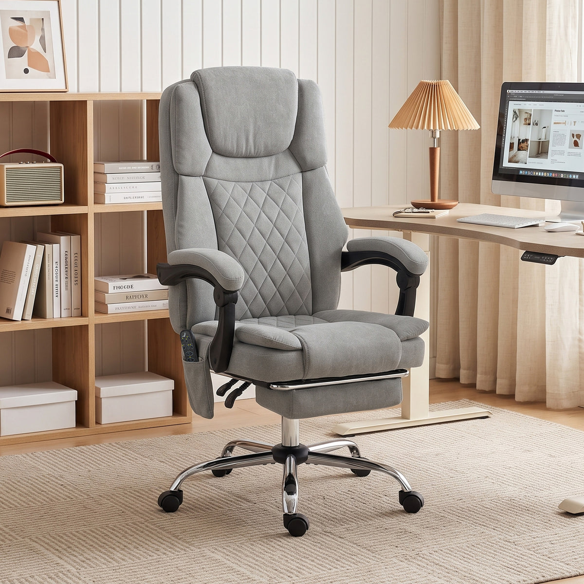 Fauteuil Bureau Massant Vibrant et Chauffant, Chaise Bureau Ergonomique en Velours Imprimé, Dossier Inclinable, Gris
