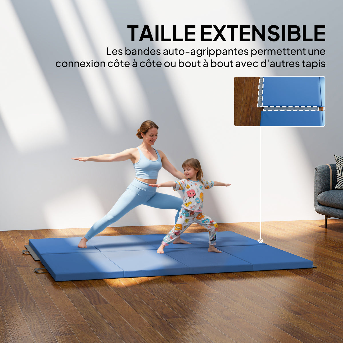 Tapis de gymnastique yoga pilates fitness pliable en 4 avec poignées revêtement synthétique 180 x 80 x 5 cm bleu clair