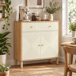 Buffet, meuble de rangement cannelé avec plateau effet chêne, 2 tiroirs, 2 portes, étagère réglable, 77x30x80cm, crème