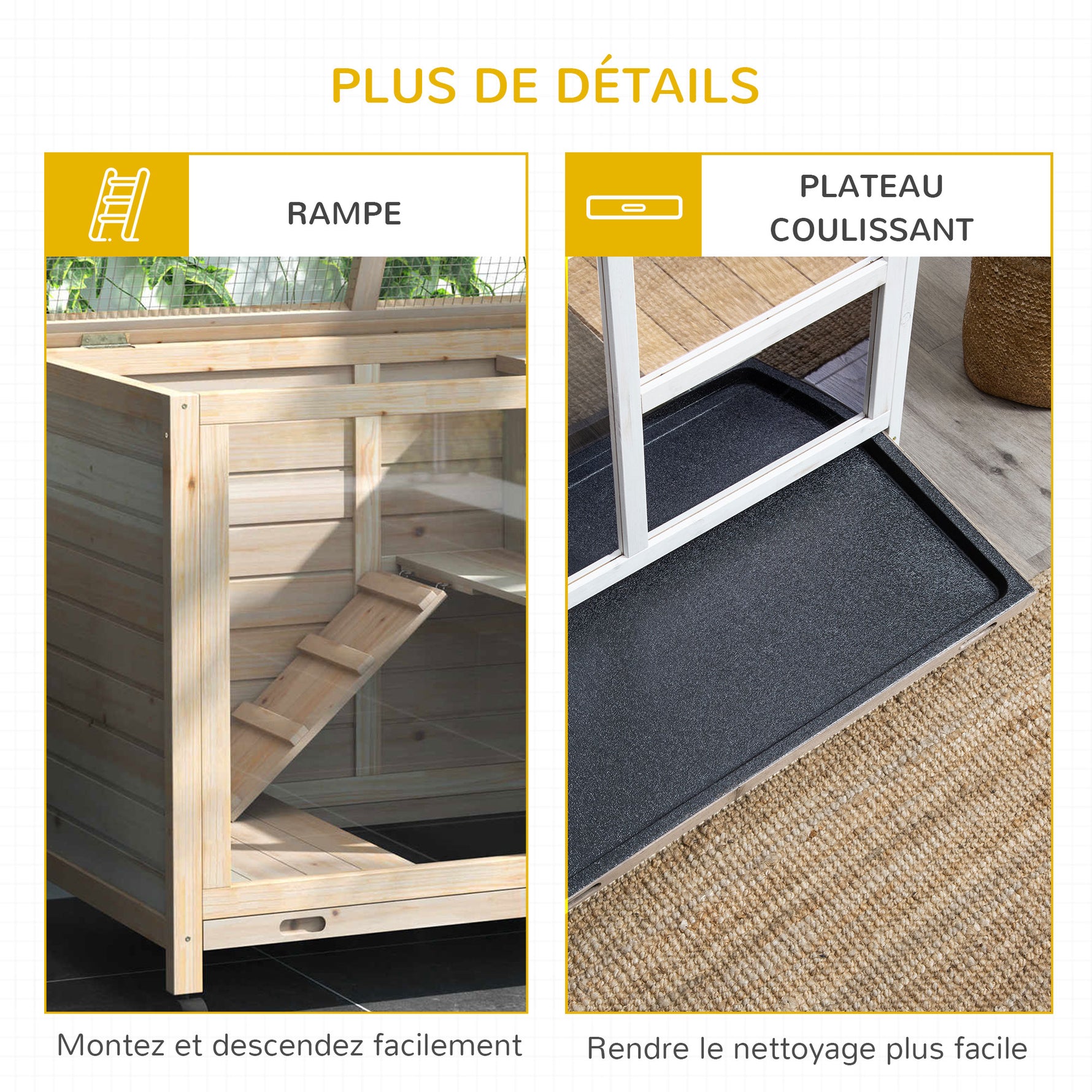 Cage à lapin clapier sur roulettes petit enclos animaux en bois massif 2 étages toit ouvrant plates-formes 91,5 x 53,3 x 73 cm bois naturel
