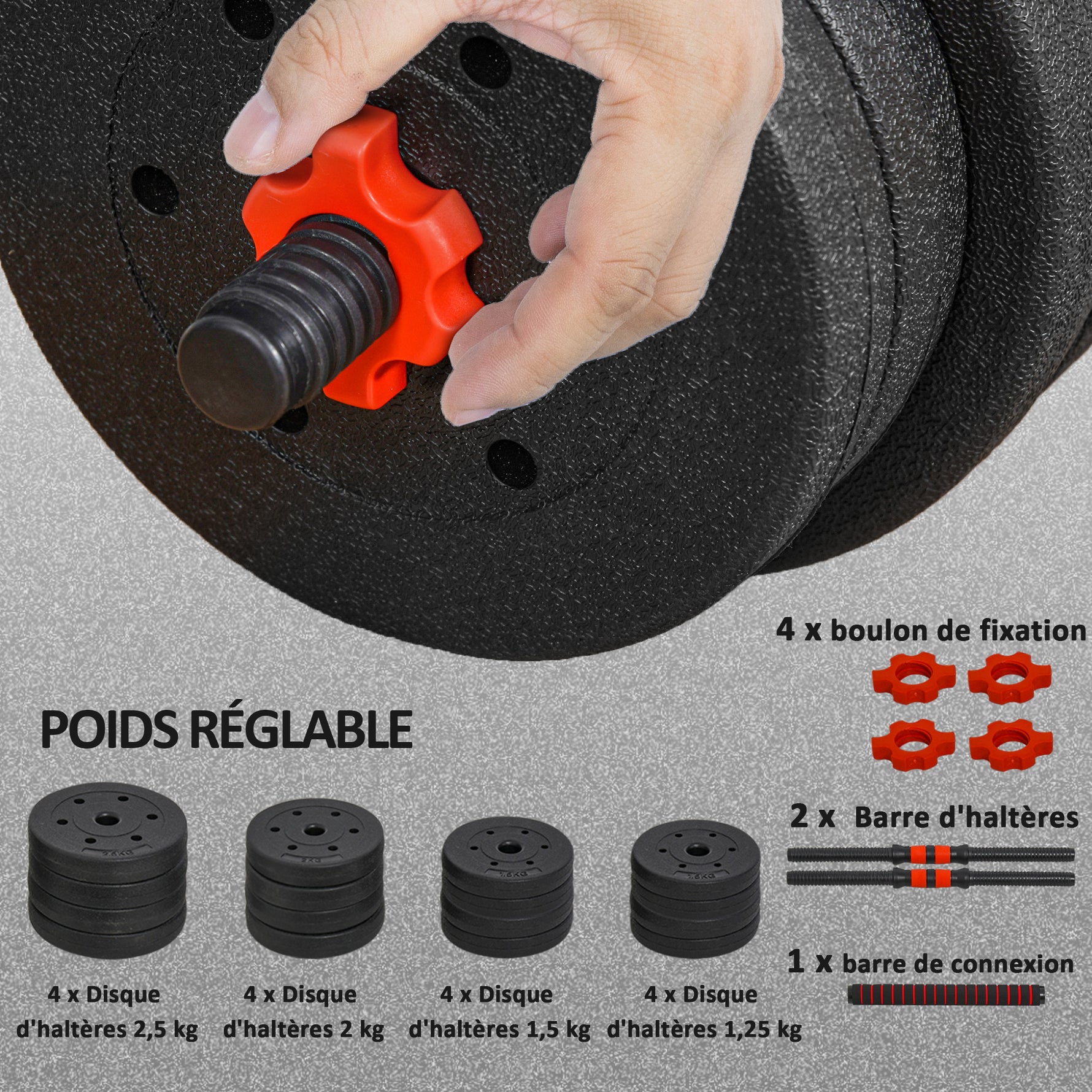 Ensemble d'haltères Courtes Total 30 Kg 2 en 1 poids réglable Barres incluses - entraînement Musculaire & haltérophilie