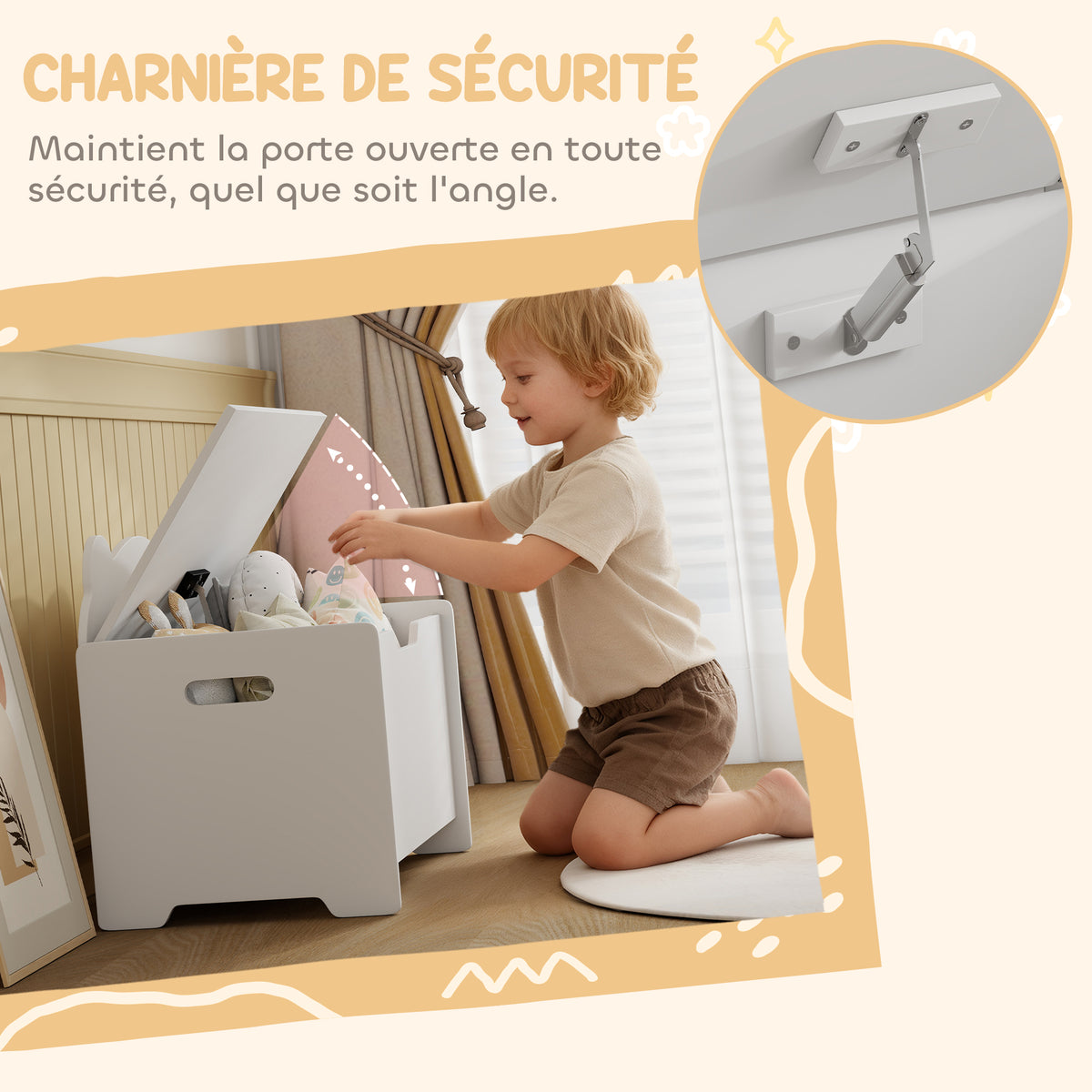Coffre à jouet enfant avec couvercle rabattable, coffre de rangement enfant, forme d'ours, 60 x 38 x 48 cm, blanc
