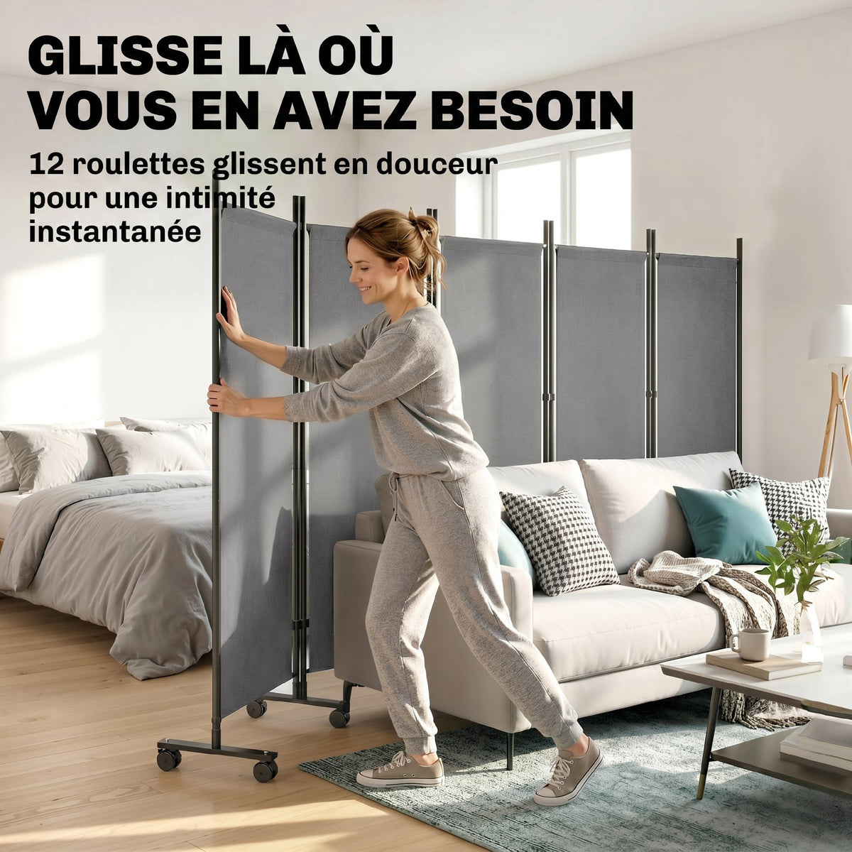 Paravent 5 Panneaux 252x170cm, Paravent Pliant avec 12 Roulettes et Clips de Connexion, Acier et Polyester, Gris Foncé
