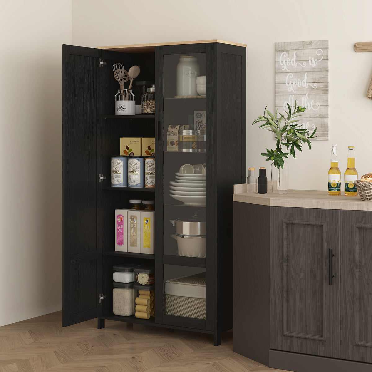 Buffet de cuisine armoire de cuisine meuble vitrine avec étagères réglables et 9 compartiments 76 x 36 x 160 cm noir
