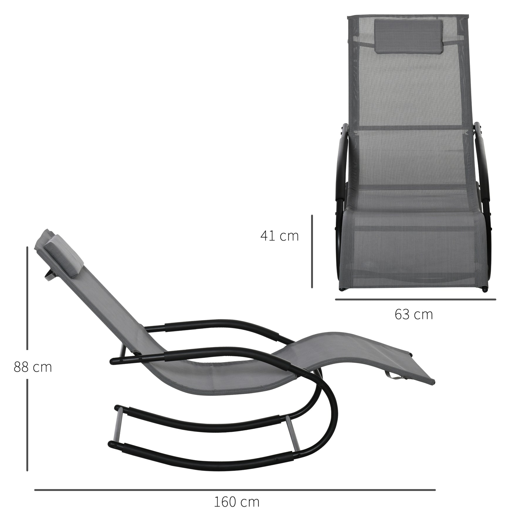 Chaise longue à bascule rocking chair ergonomique avec tétière accoudoirs métal galvanisé textilène Gris