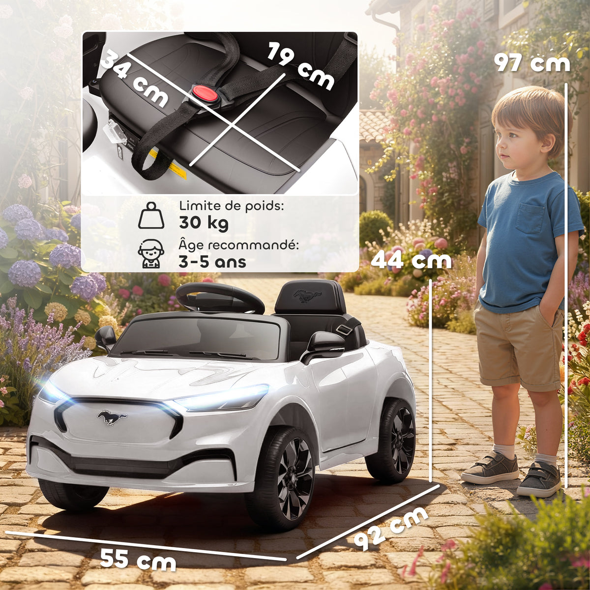 Coche eléctrico infantil Ford Mustang Mach-E con licencia oficial 12 V, mando a distancia 2,4 G, 2 motores, 92x55x44 cm, blanco