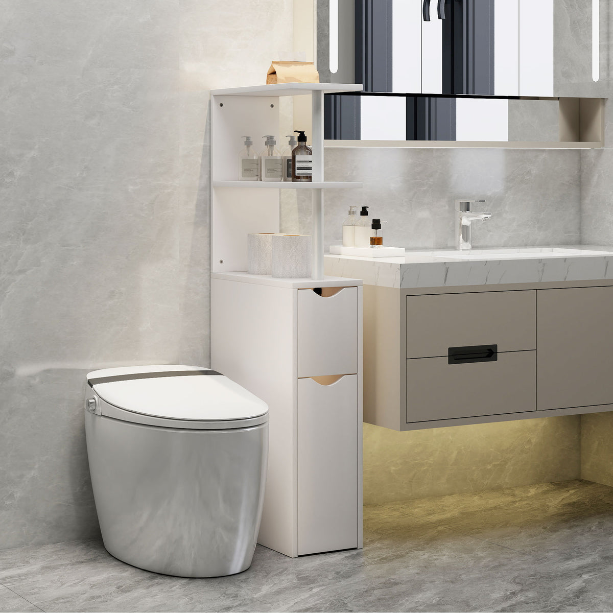 Meuble de salle de bain meuble de rangement avec tiroir sur roulettes, avec étagères ouvertes, 20 x 45 x 115 cm, blanc