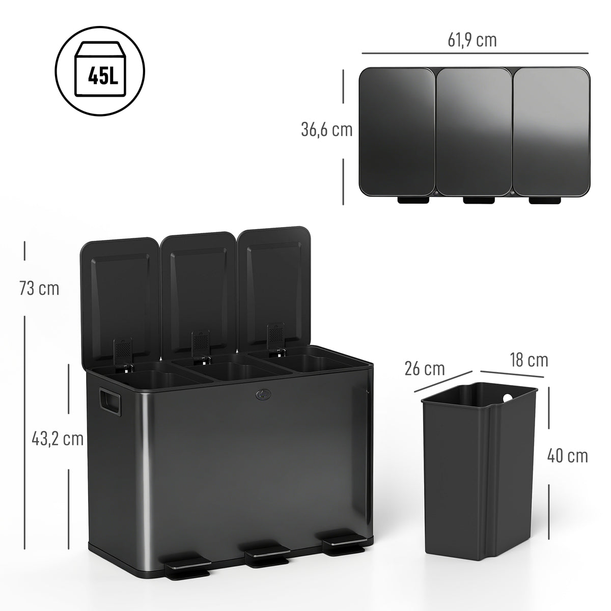 Poubelle de cuisine 45L avec 3 compartiments de 15L, couvercle, seaux intérieurs amovibles, 3 x 15L, noir