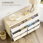 Commode 6 tiroirs style scandinave, meuble de rangement - dim. 120l x 40P x 76H cm, chêne et beige