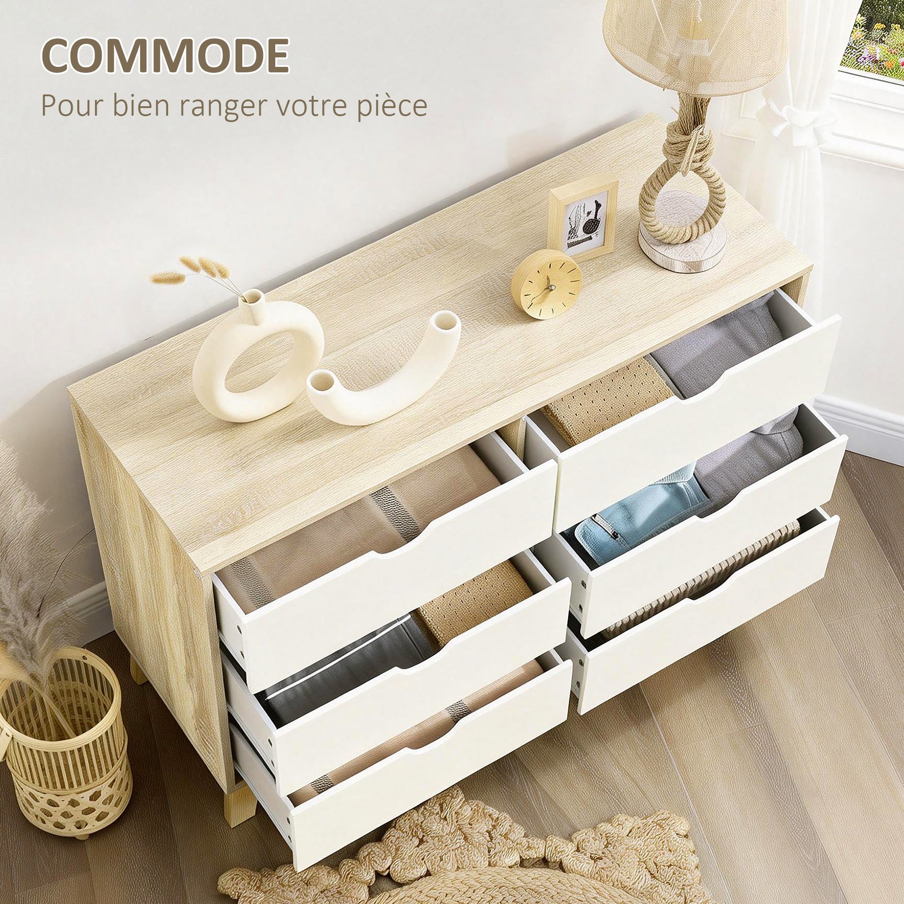 Commode 6 tiroirs style scandinave, meuble de rangement - dim. 120l x 40P x 76H cm, chêne et beige