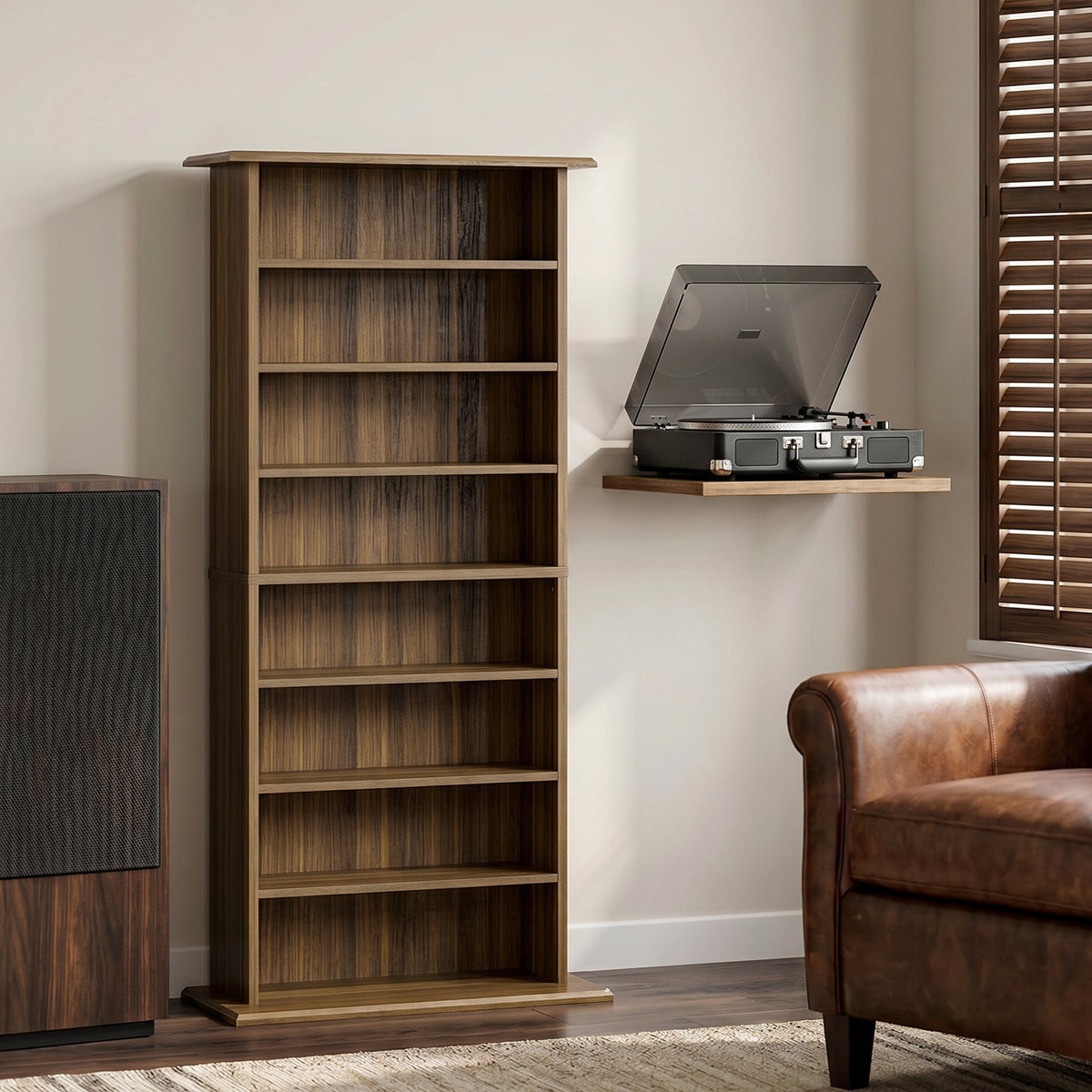 Rangements pour CD et DVD avec 8 compartiments et 6 étagères réglables, capacité max. 360 CD/185 DVD et Blu-ray, noyer