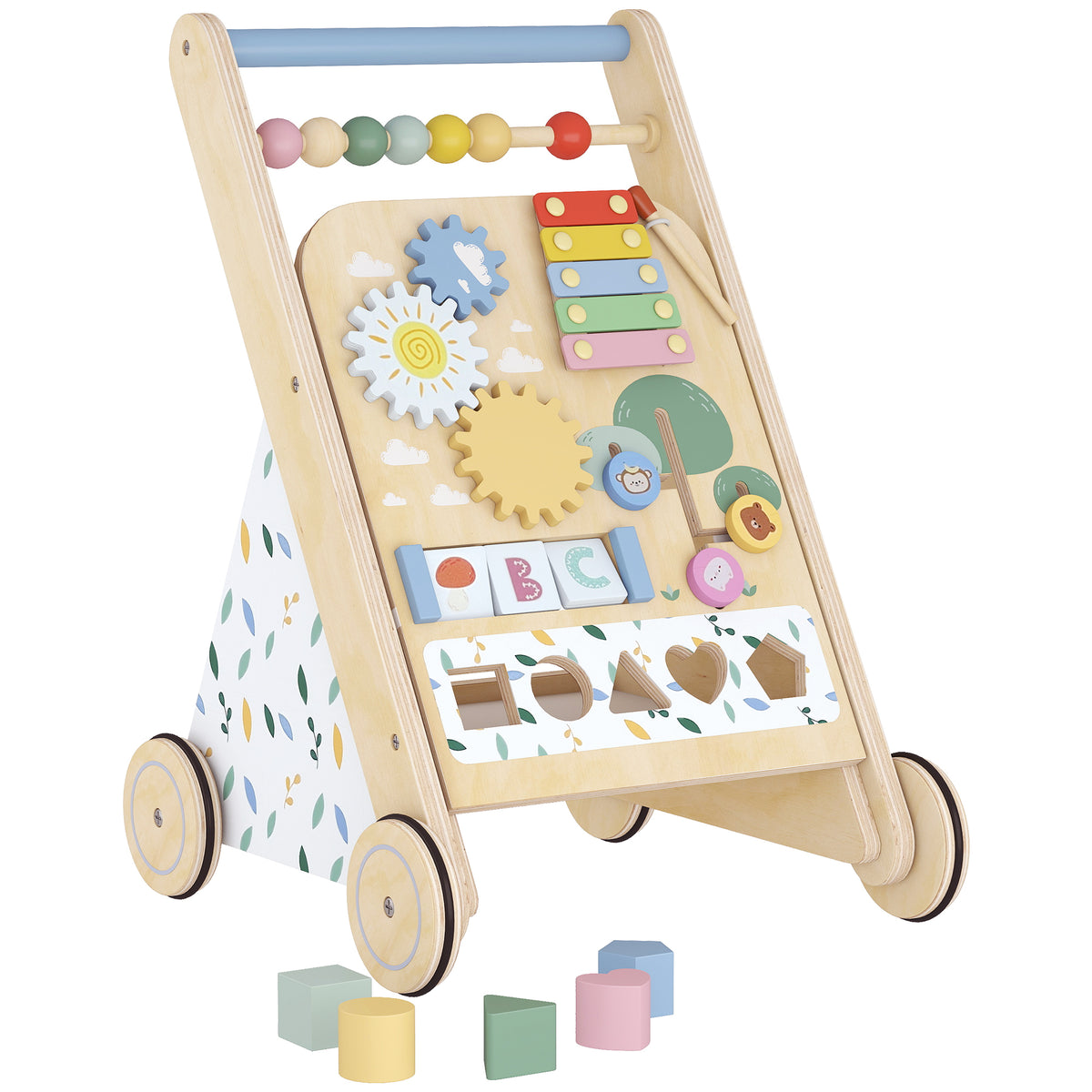 Trotteur Bebe en Bois, Chariot de Marche Bébé avec Centre d'Activités, Vitesse Réglable et 5 Blocs, dès 18 Mois, Naturel