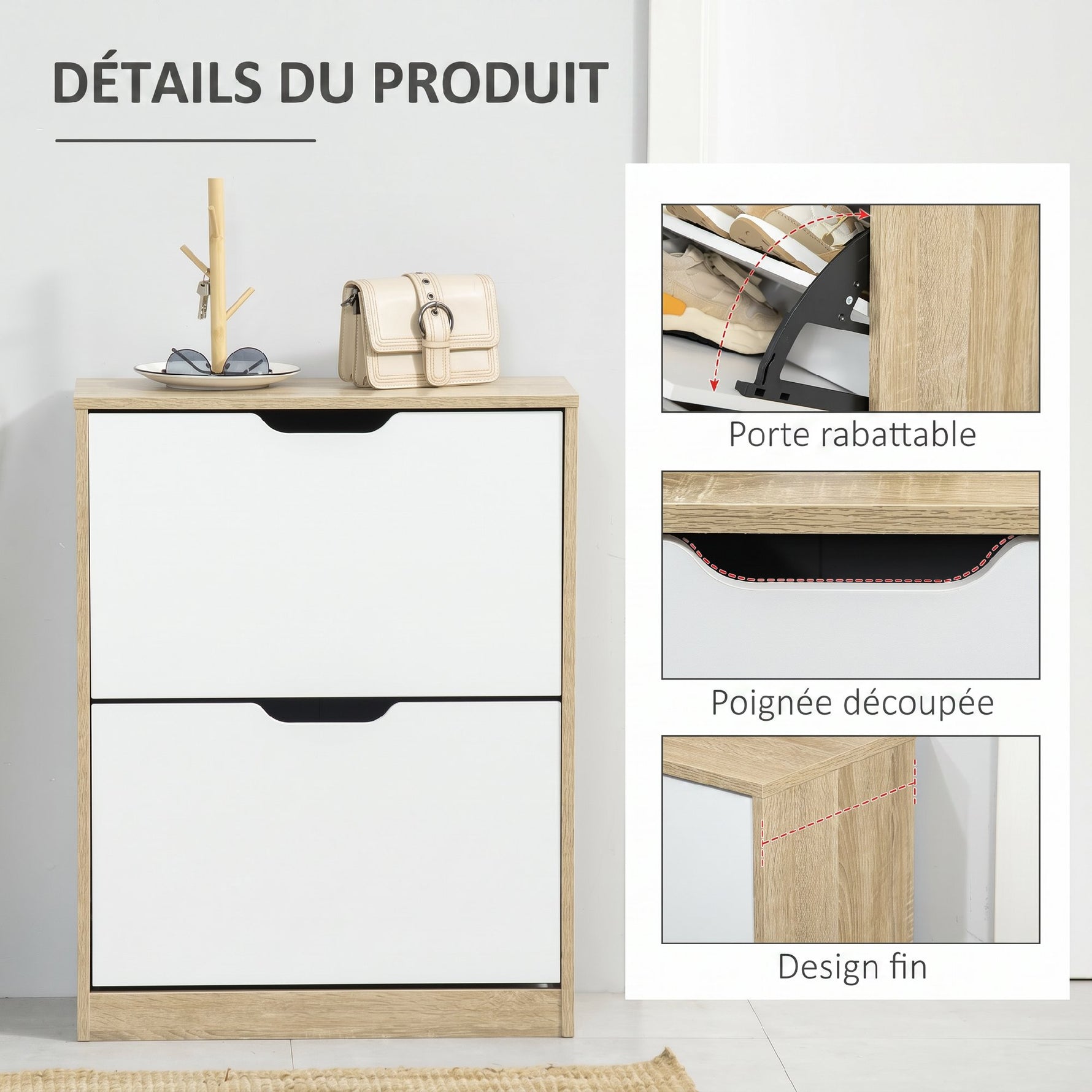 Meuble à chaussures 8 paires, armoire à chaussures étroite, 2 tiroirs rabattables, chêne et blanc