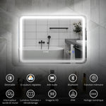 Miroir salle de bain Bluetooth avec éclairage LED 50 x 70 cm, miroir lumineux mural avec horloge, antibuée, argenté
