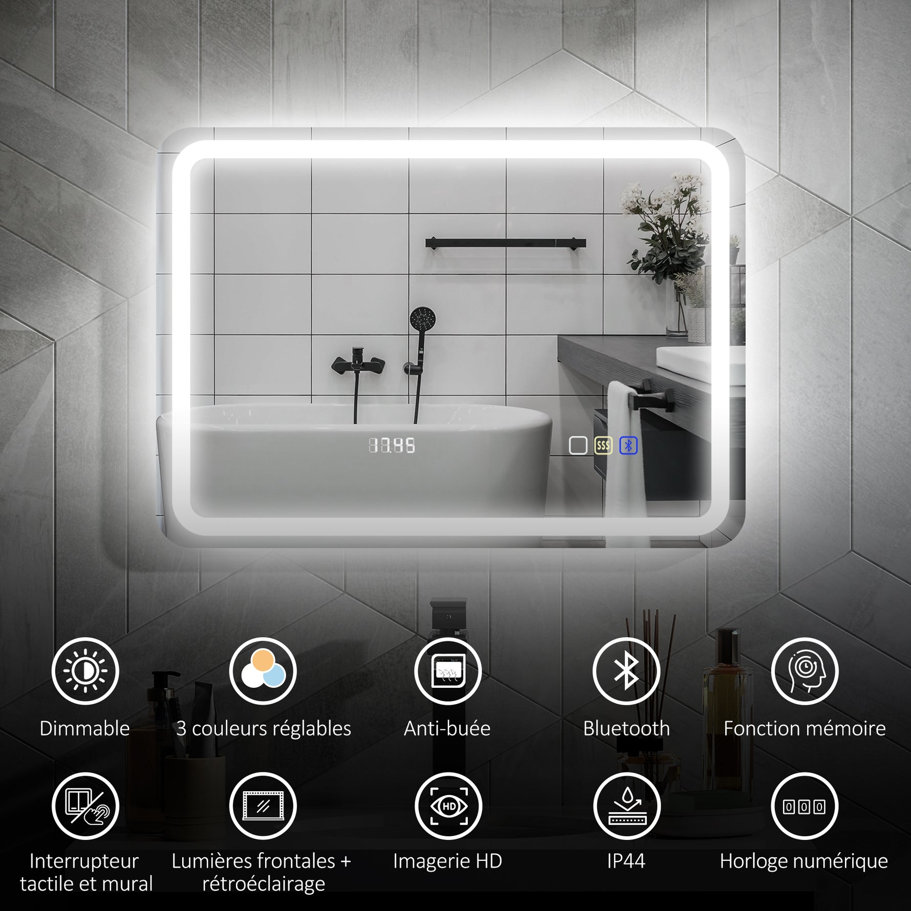 Miroir salle de bain Bluetooth avec éclairage LED 50 x 70 cm, miroir lumineux mural avec horloge, antibuée, argenté