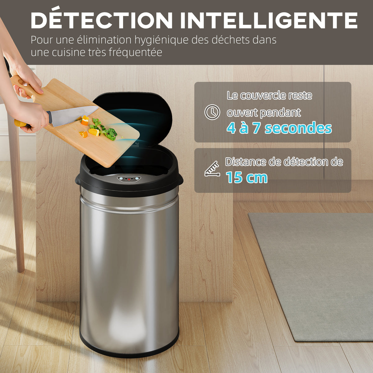 Poubelle cuisine automatique 30L acier inoxydable, poubelle à couvercle à fermeture en douceur, 32x30,5x51cm, argent