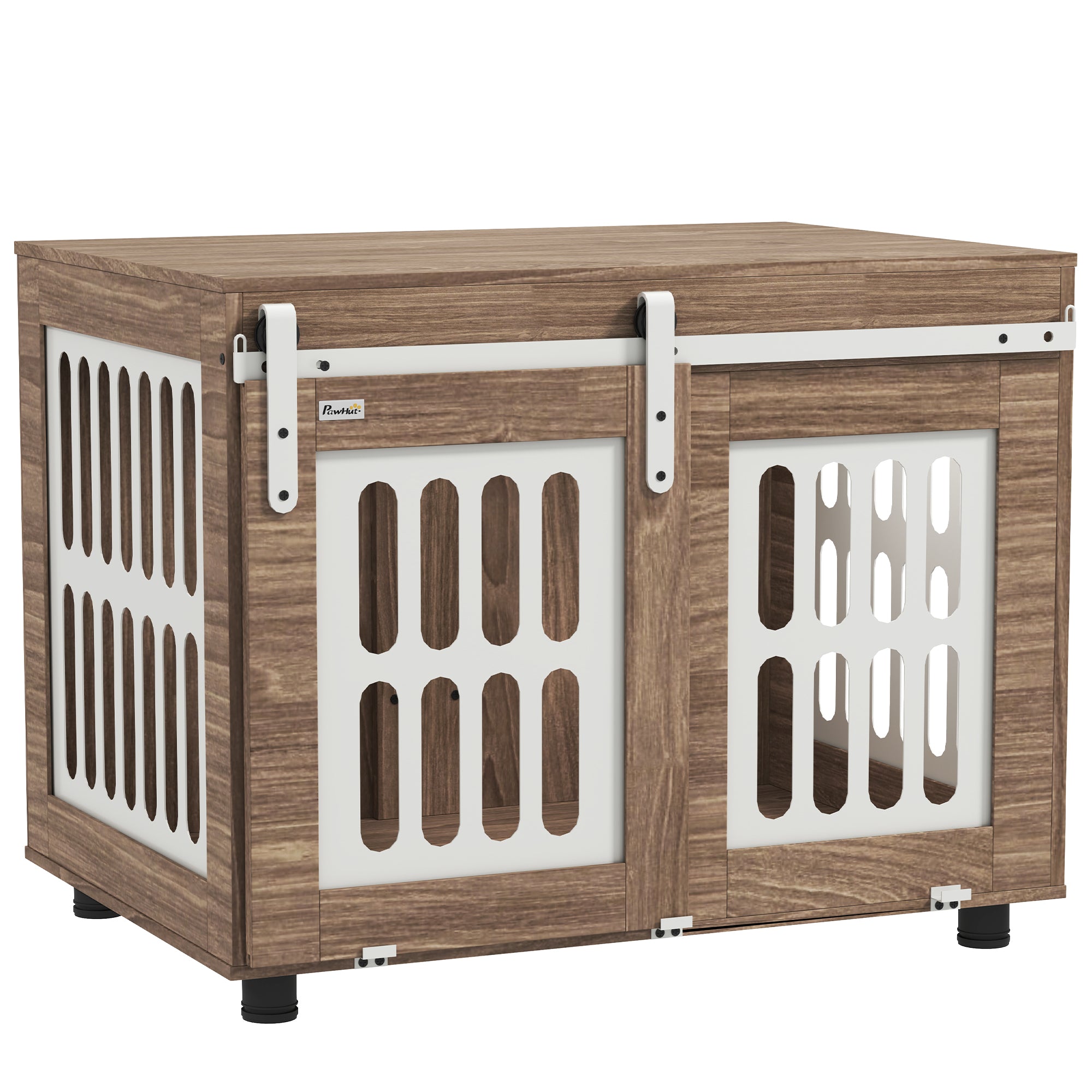 Meuble cage pour chien avec porte coulissante, maison pour chien de moyenne, table d'appoint, 80 x 59 x 63 cm, noyer
