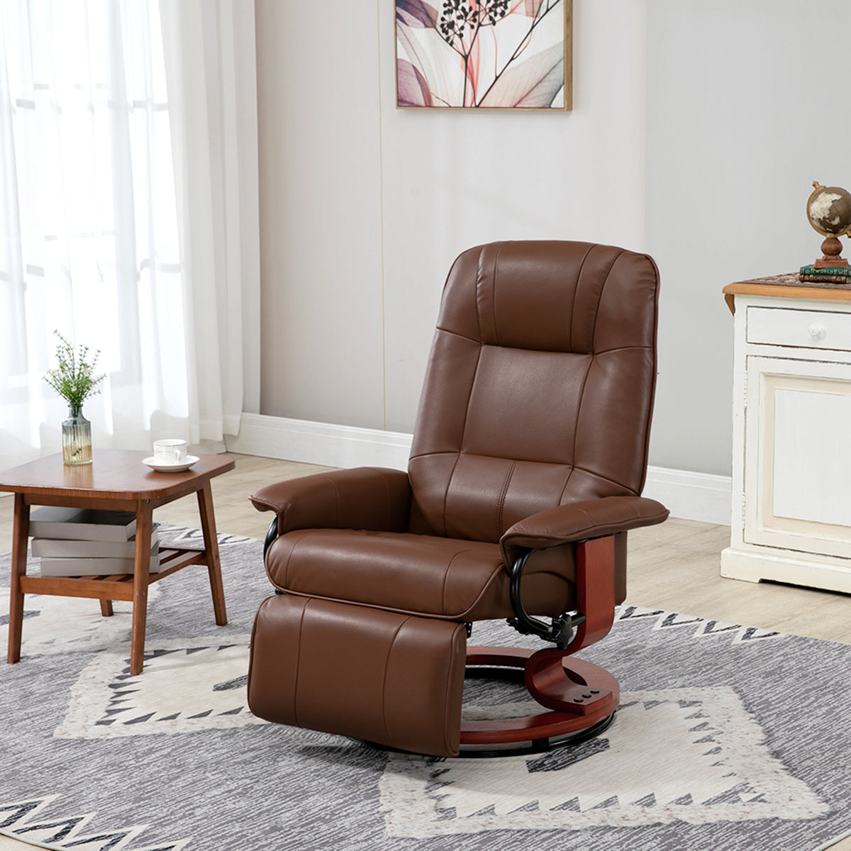 Fauteuil relax inclinable repose-pieds réglable pivotant 360° piètement bois revêtement PU respirant et doux marron