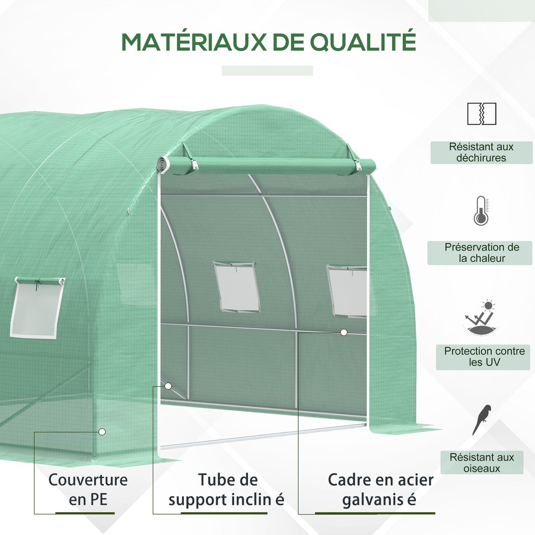 Serre de jardin 9 m² serre tunnel de jardin 3 x 3 x 2 m avec porte enroulable et 6 fenêtres en maille en acier PE vert