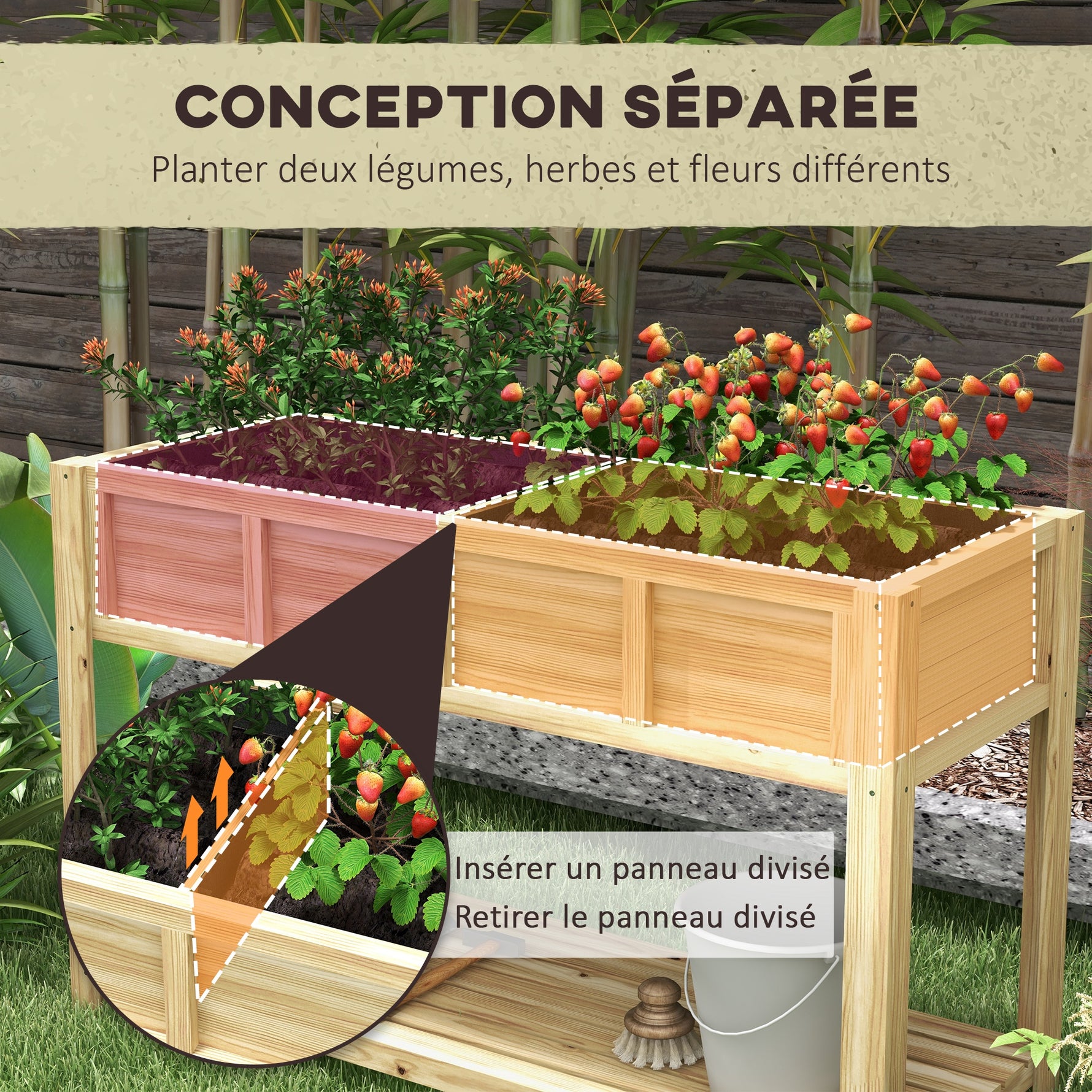 Jardinière sur pieds avec séparateur amovible, étagère, Inserts d'irrigation, feutre de drainage 115L x 46l x 75H cm