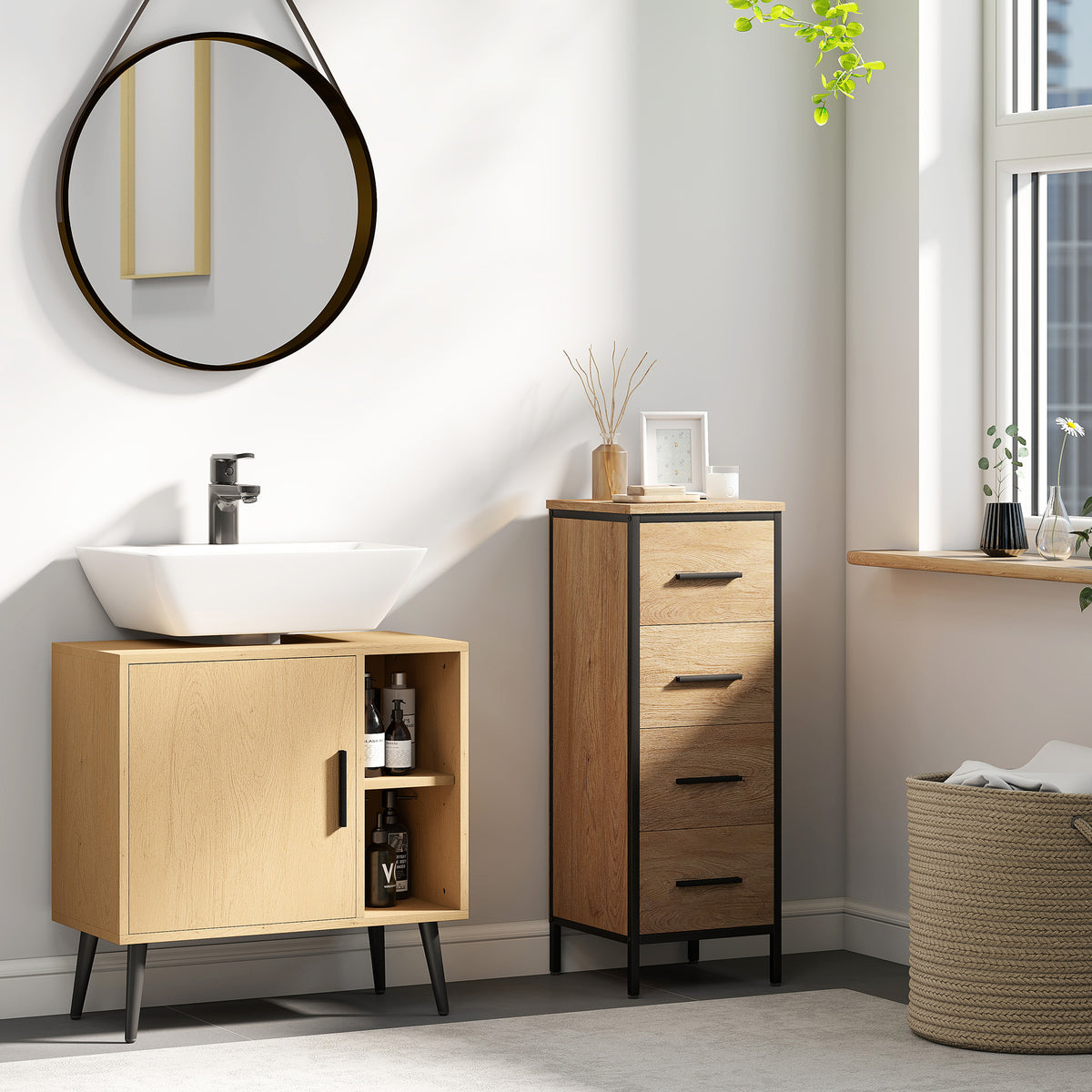 Meuble sous lavabo salle de bain avec porte à fermeture progressive et étagère réglable, 60 x 30 x 59,5 cm, chêne